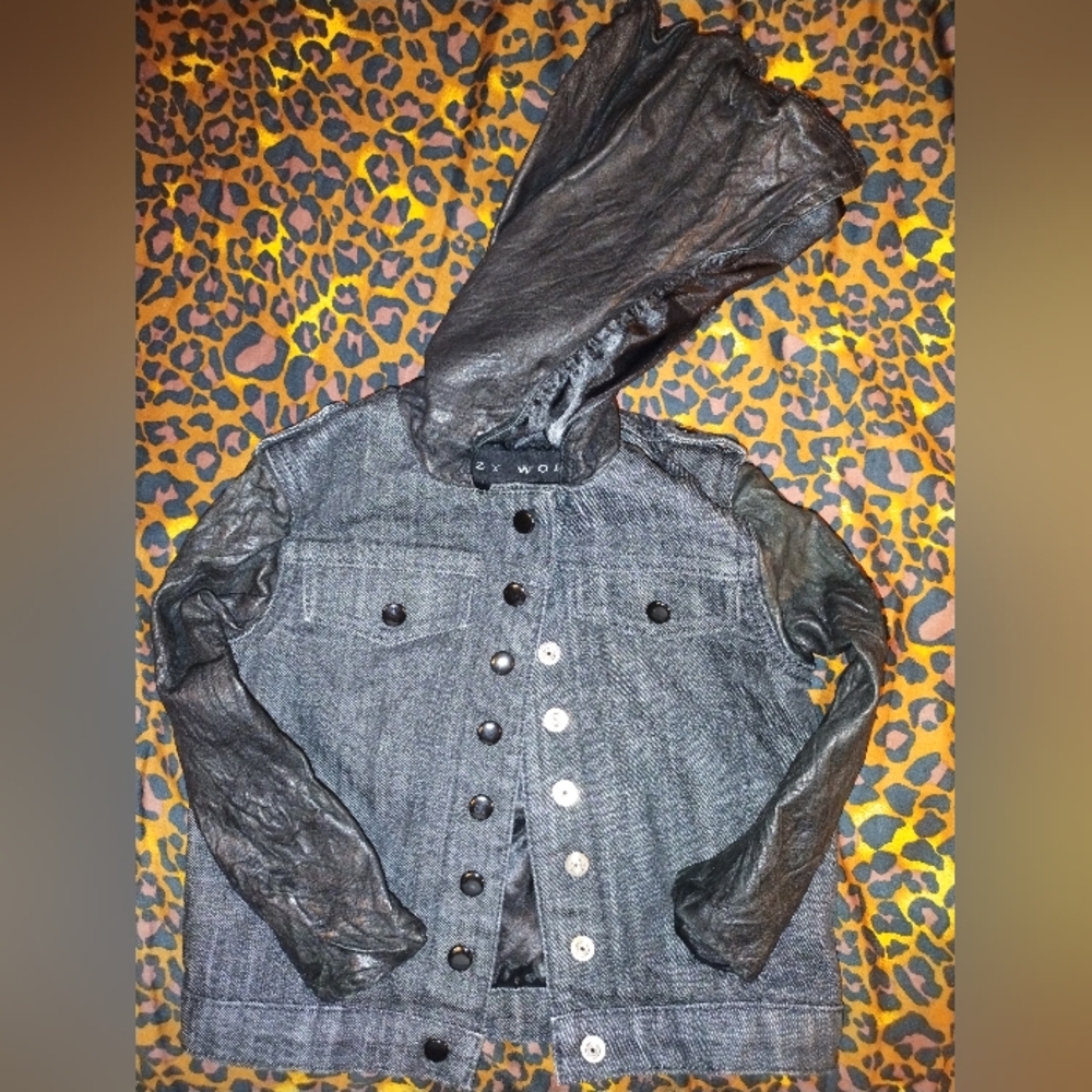IZZY WOLF Denim And Leather Hoodie Jacket Size 2